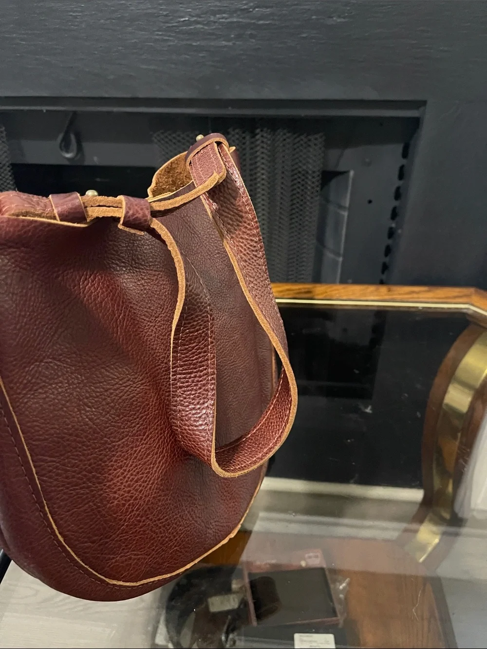Portland Leather Burgundy Leather Messenger Bag with Tan Piping